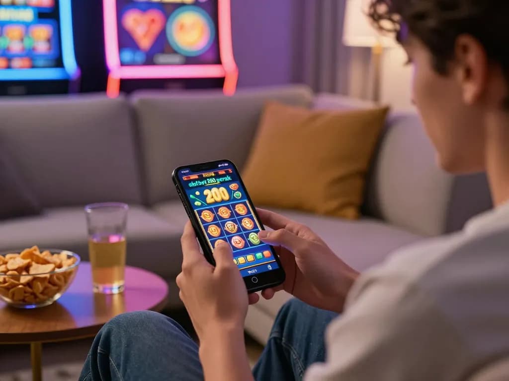 Excited player enjoying slot bet 200 perak on mobile device in cozy home setting with vibrant casino decor.