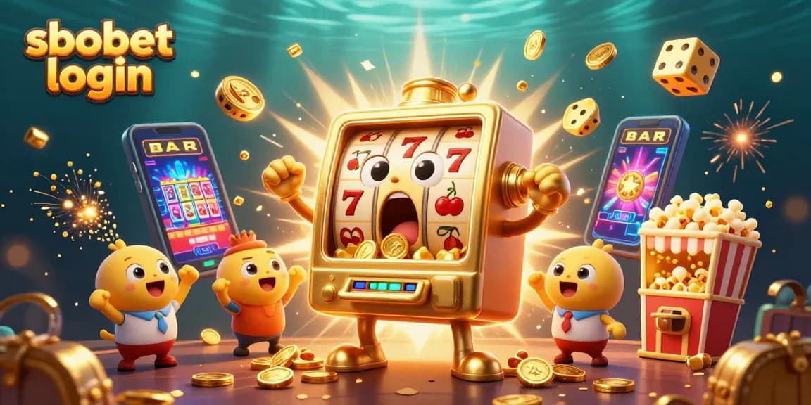 Engage in exciting betting with sbobet login as vibrant slot machines burst with coins in a dynamic casino scene.