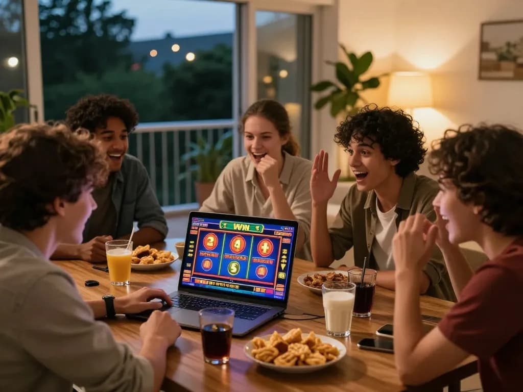 Sahabat menikmati permainan slot link gacor bersama di suasana rumah yang hidup.