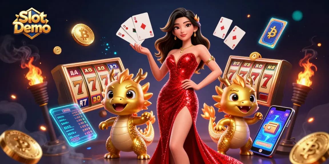 Engage with Slot Demo in an exquisite illustration featuring a stunning Asian woman and a golden dragon mascot