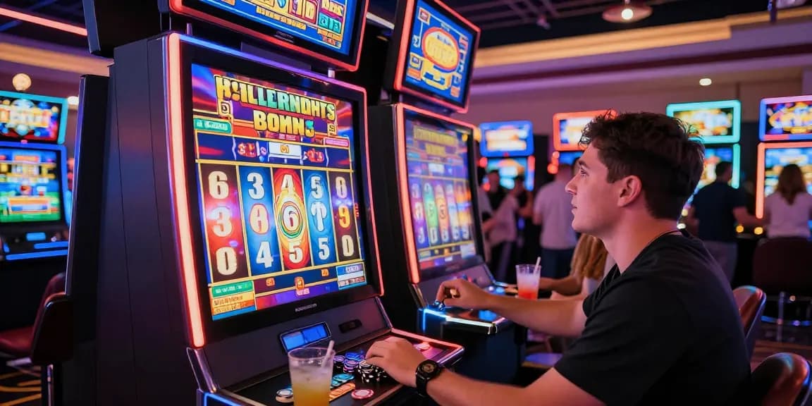 Exciting casino scene showcasing a player enjoying a slot bonus experience at a colorful slot machine.
