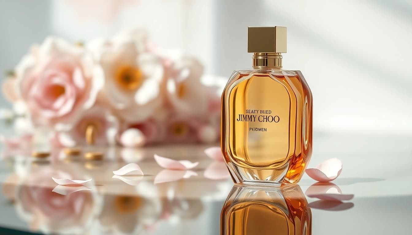 Admire the exquisite Jimmy Choo perfume for women showcased elegantly with floral accents.