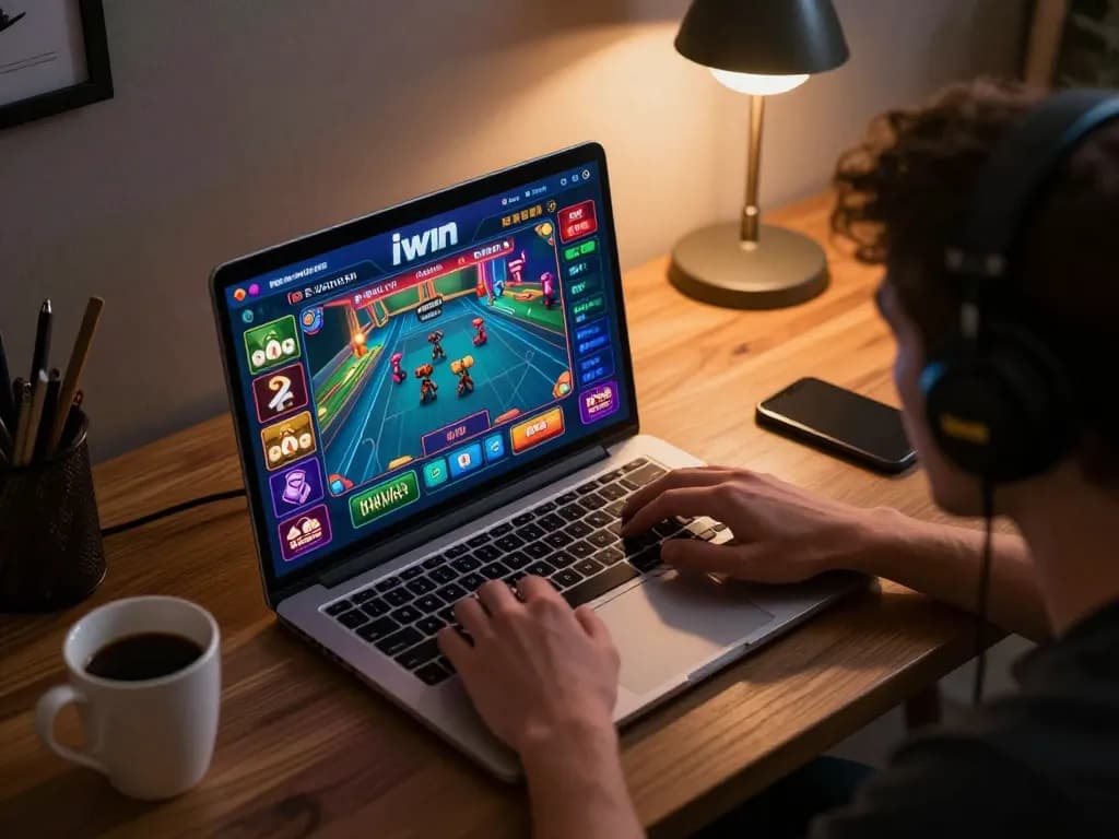Experience the thrilling game iwin through dynamic online gameplay, showcasing an excited player engaged on their laptop.