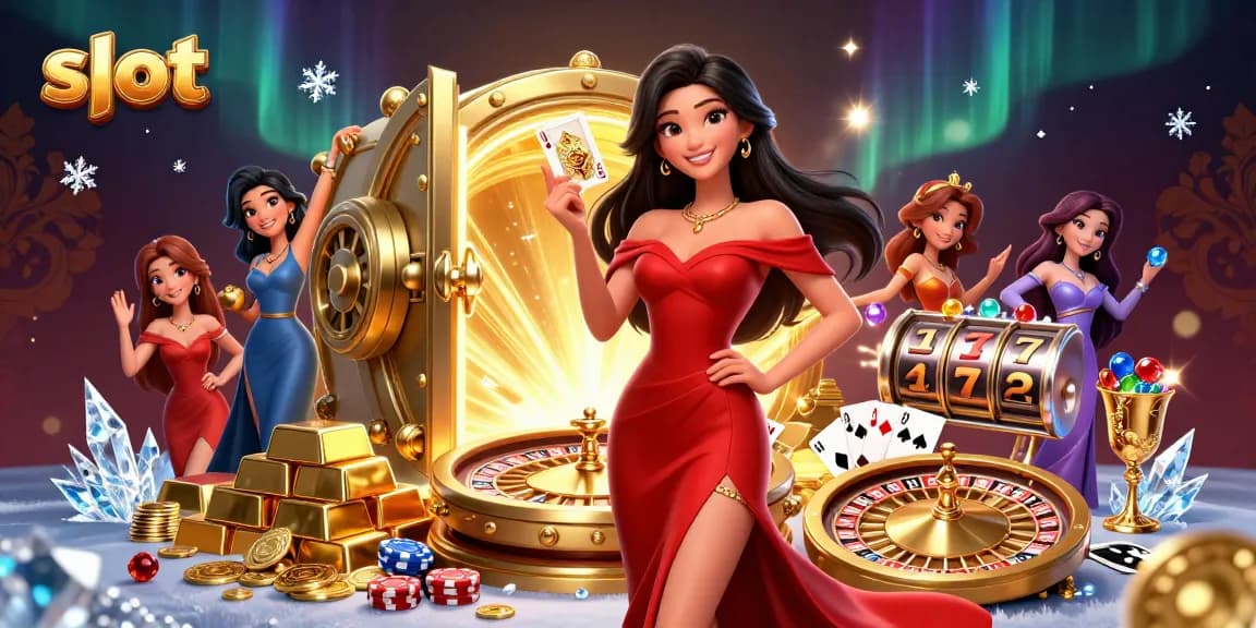 Spin the slot reels with a stunning young woman at a glamorous casino setting.