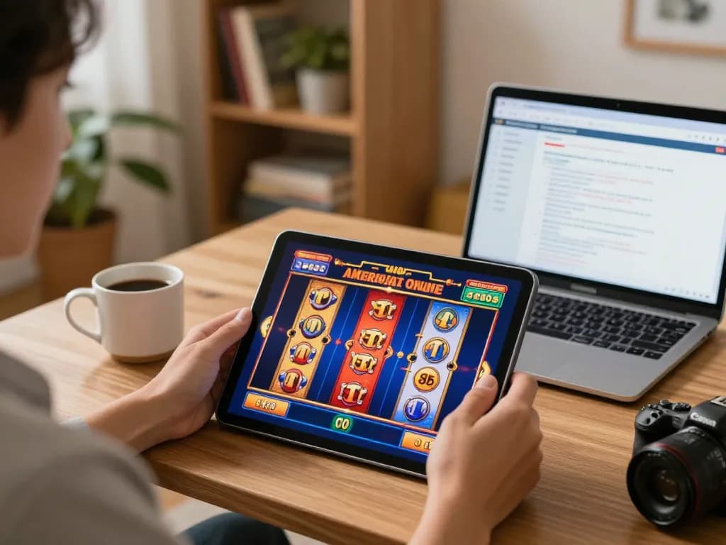 Engaging in casino americani online excitement while playing slots on a tablet at home