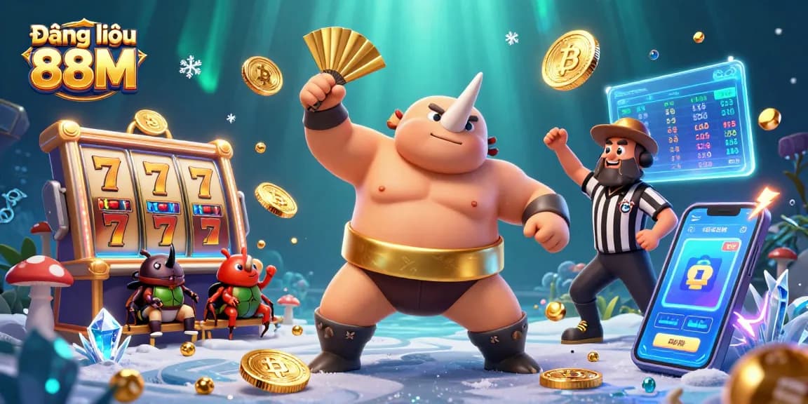 Experience the excitement of Đăng nhập 88M with a dynamic scene featuring a sumo champion beetle amidst thrilling slot reels and flying coins.