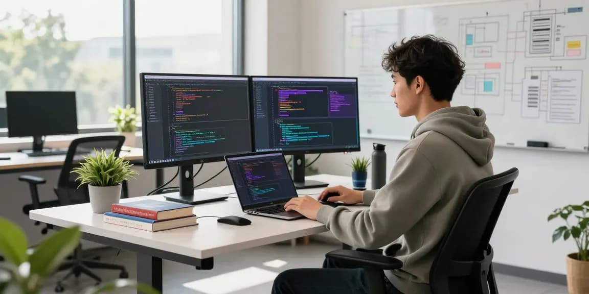 Dynamic developer in a modern workspace coding on dual monitors at 纸飞机官网 office.