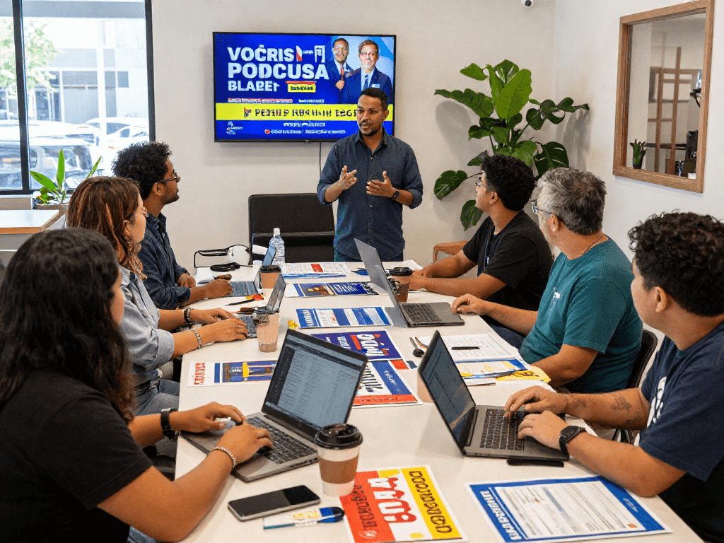 Dynamic campaign meeting focusing on political ad buying strategies in community space.