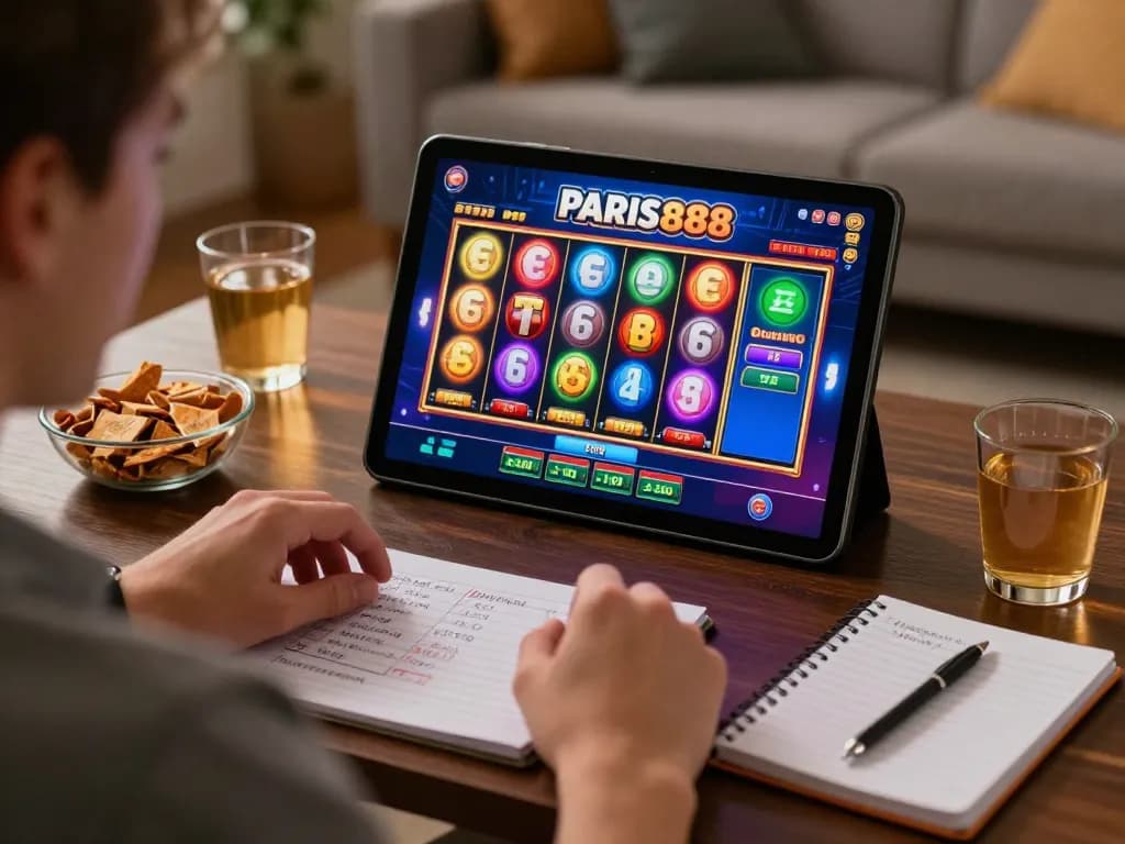 Person enjoying Paris888's online slots on a tablet in a cozy home setting, balancing entertainment and responsible gaming.