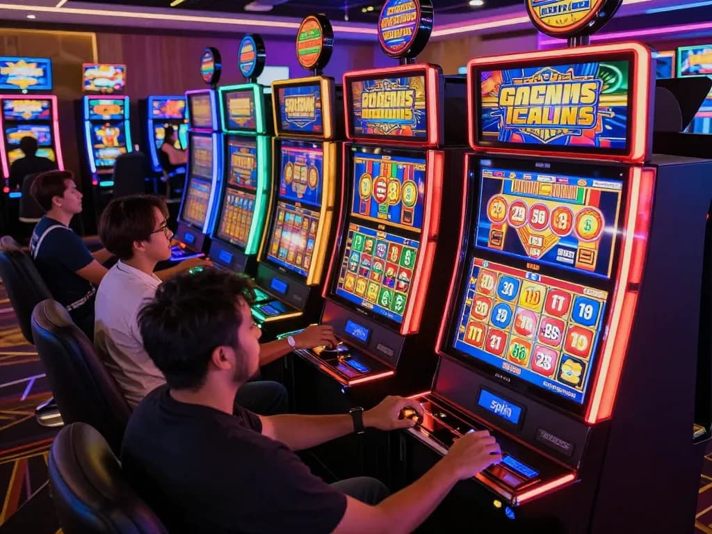 Engaging players enjoying multiple slot machines for slot gacor gampang menang with lively neon lights in an online casino