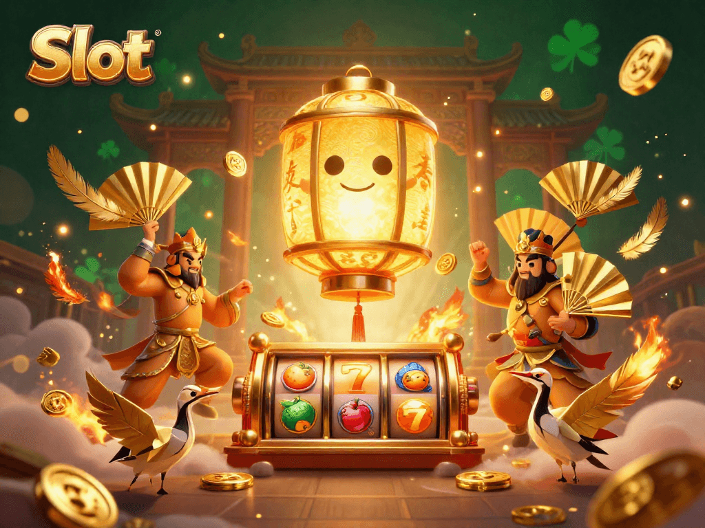 Spin the Slot reels amid a vibrant casino scene with glowing lanterns and dynamic golden symbols.