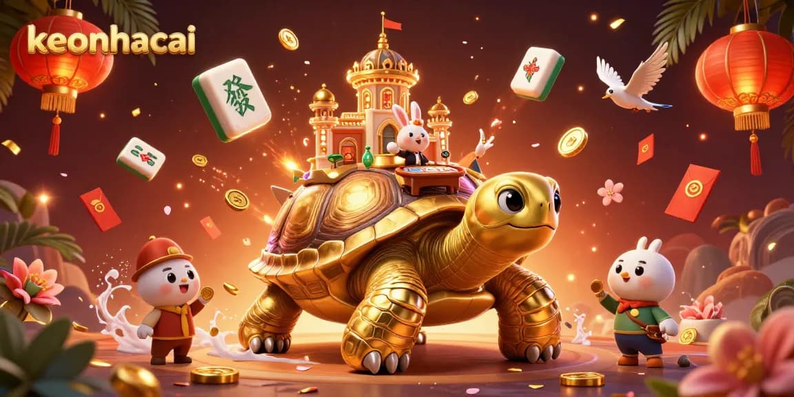 Engage with keonhacai as golden birds distribute coins inside a lively casino on a tortoise's shell.