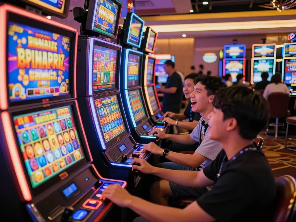 Engaging players enjoying the thrill of slot gacor gampang menang in a vibrant casino environment.