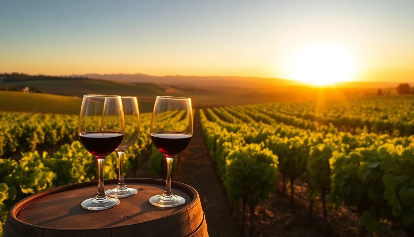 Admire wineries in Clarksburg with lush vineyards and wine tasting elements in a serene sunset.