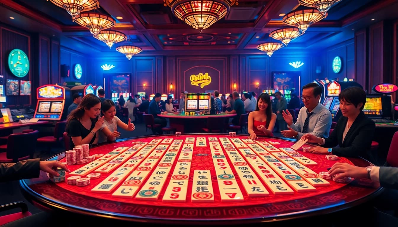 Pemain yang menikmati permainan Link Mahjong yang mendebarkan dengan elemen kasino yang hidup dan dekorasi yang elegan.