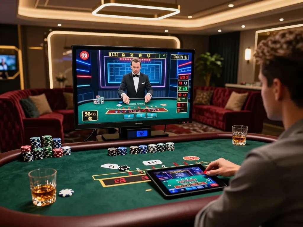 Engaging online baccarat gaming experience with live dealer, elegant table, and immersive casino atmosphere.