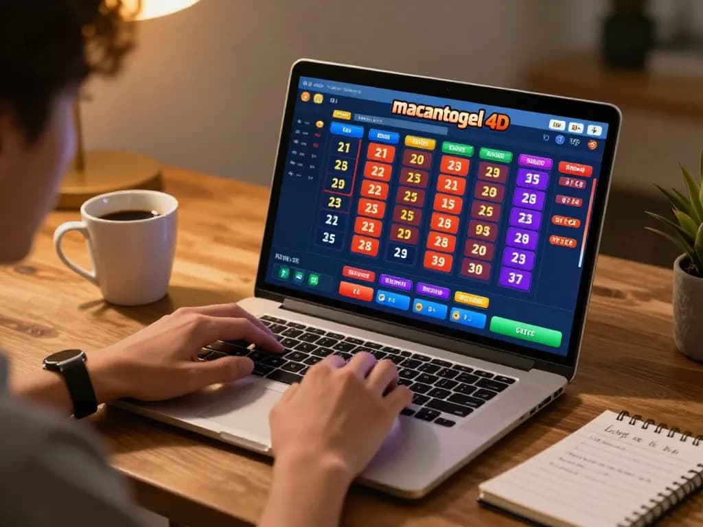 Engaging in macantogel 4d lottery online gameplay on a laptop at a cozy home setup.