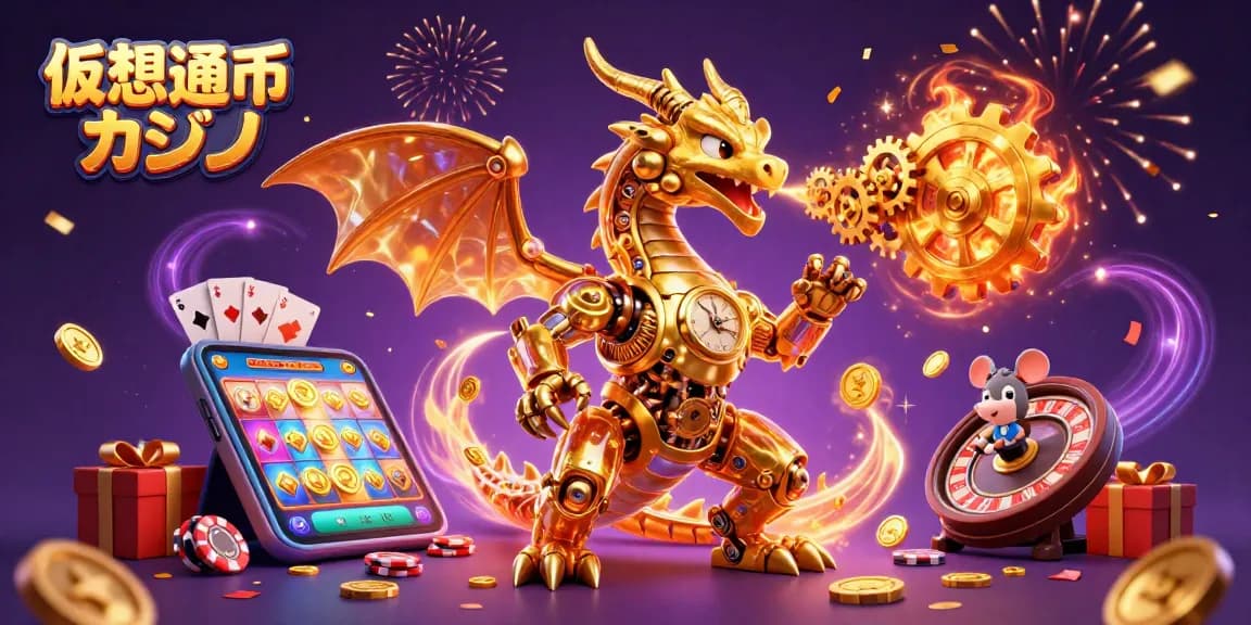 仮想通貨カジノの魅力的なイラスト、金色のドラゴンがギアを吐き出すシーン