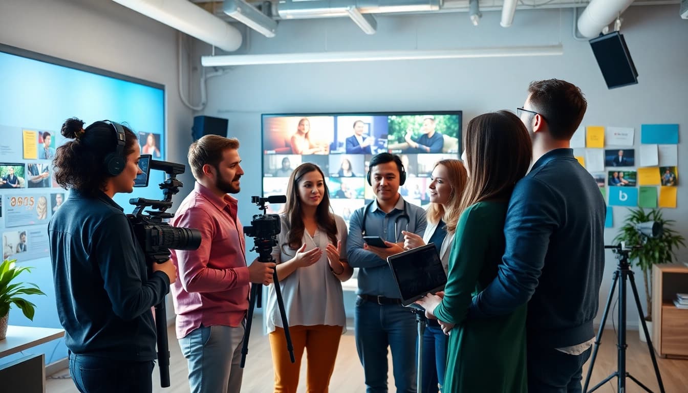 Showcase of a Creative Video Production Agency team collaborating in a bright, modern studio.