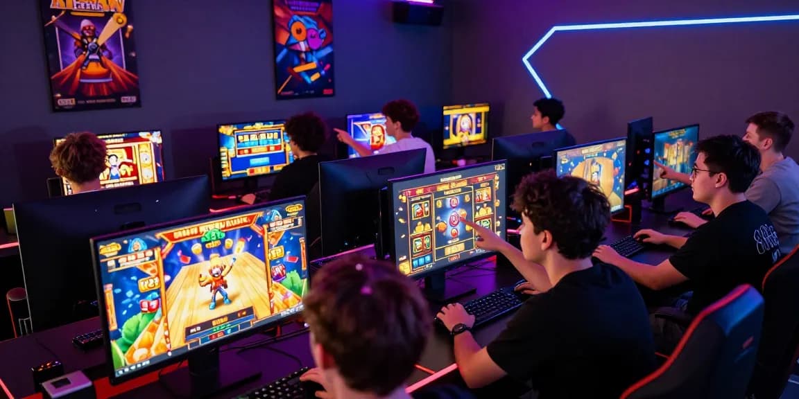 Group of players celebrating wins while playing slot games online, vibrant gaming atmosphere with glowing screens.