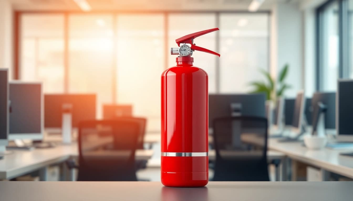 Displaying an electrical fire extinguisher in a modern office setup for effective safety measures.