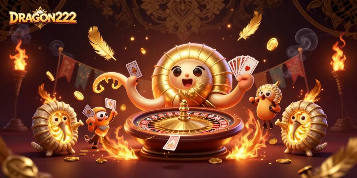 Experience strategic gaming with DRAGON222's dynamic slot scene showcasing golden elements and engaging characters.