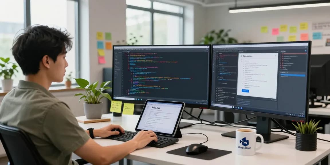 Engineer configuring openclaw skill in a modern AI workspace with code on multiple screens, showcasing an innovative tech environment.