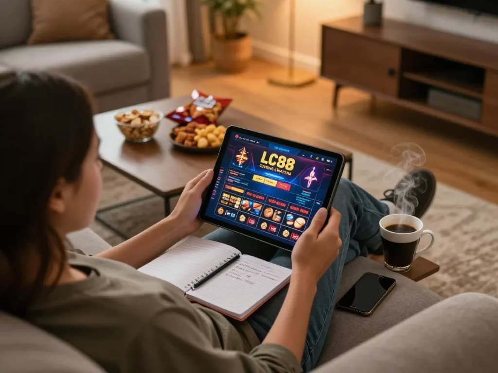 Engaging online gambling session on LC88, featuring a cozy home setup with strategy notes and tablet.