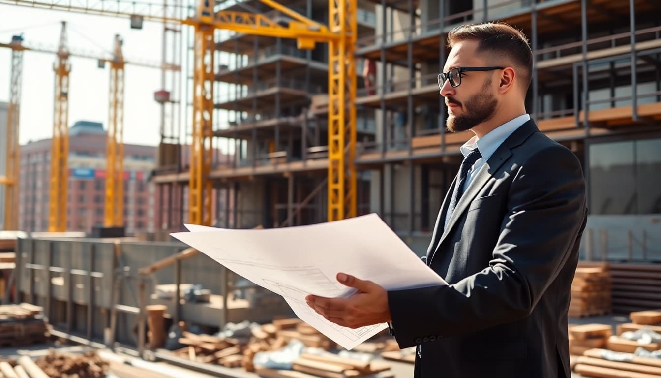 New York Construction Manager assessing plans on an active construction site.
