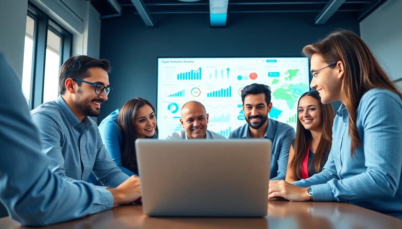 Digital marketing company team collaborating on a project in a modern office setting.