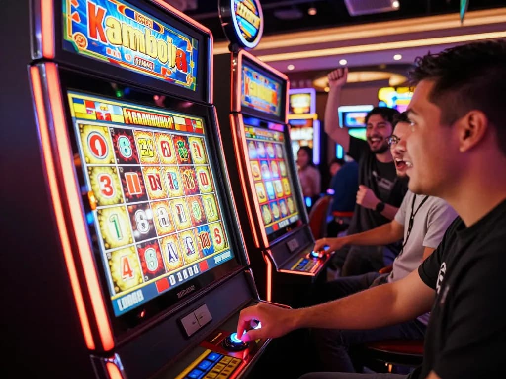 Player at a vibrant slot kamboja bet 100 machine pressing the spin button with excitement