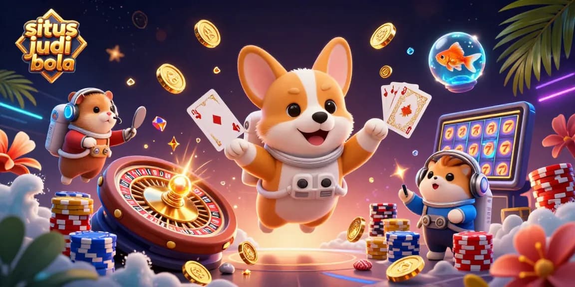 Experience situs judi bola action with a 3D casino scene featuring an astronaut corgi, mission-control hamster, and floating golden coins.