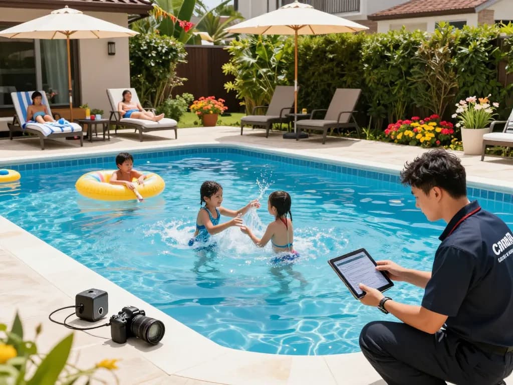 Dolphin Pool Services showcasing a family enjoying their sparkling pool with a technician inspecting equipment.