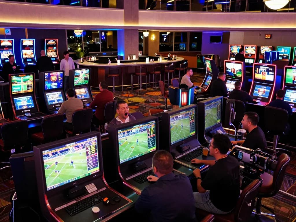 Experience winstrike69 betting excitement in a vibrant casino sports area with patrons engaged in action.