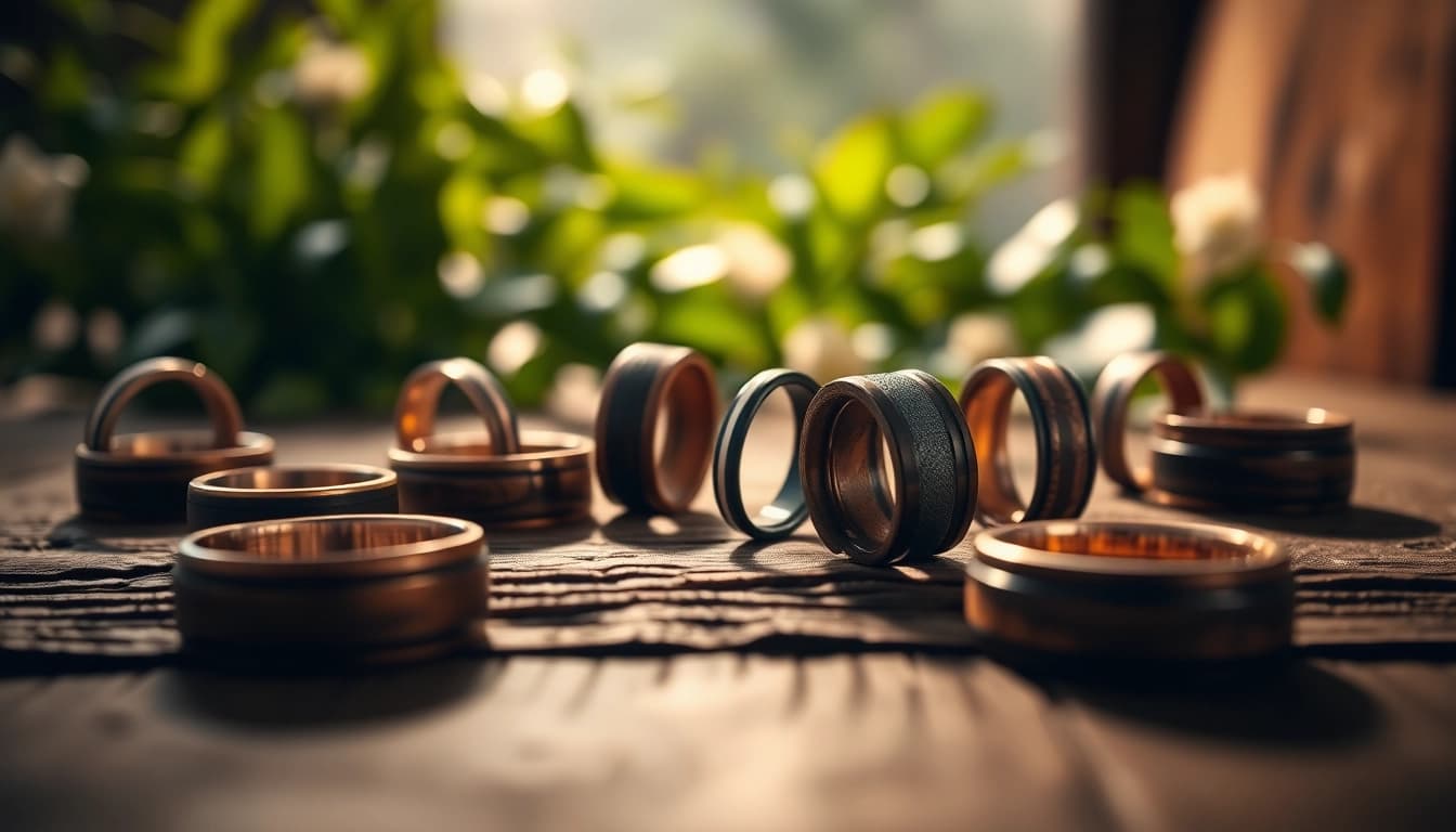 Discover unique Whiskey Barrel Wedding Bands featuring reclaimed wood and rustic charm.
