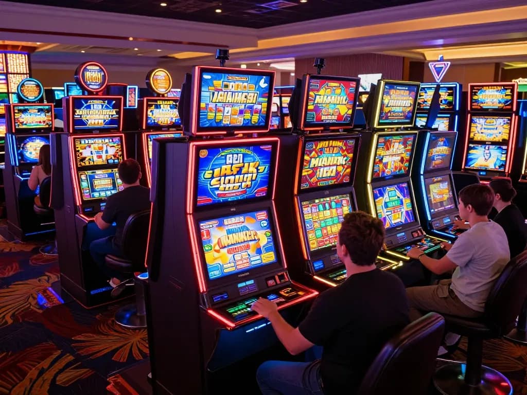 Players spinning the reels on slot machines in a lively Vegas casino, showcasing vibrant lights and exciting atmosphere