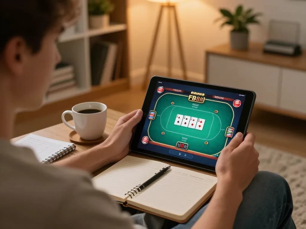 Players engage in a poker game on FB88 using a tablet, surrounded by comfort and strategy notes.