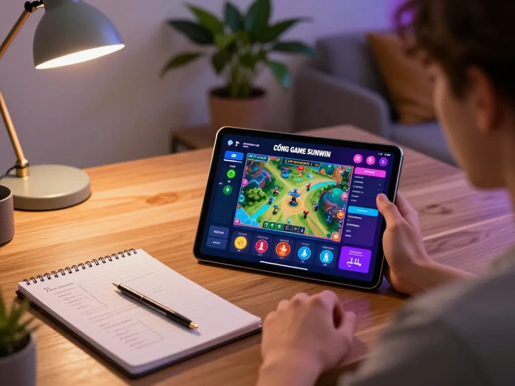 CỔNG GAME SUNWIN user enjoying an exciting online gaming session on a tablet in a cozy living room.