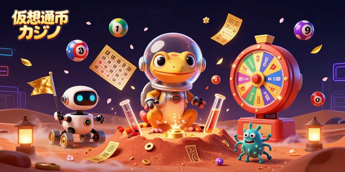 仮想通貨カジノを体験する3Dキャラクターたちが賑やかに描かれたイラスト