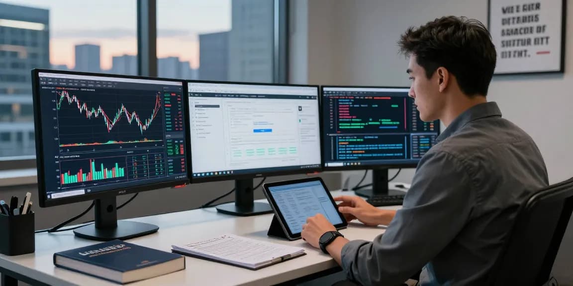 MetaTrader 5 trading workspace with multiple monitors showcasing charts and analytics, creating an engaged and professional trading atmosphere.