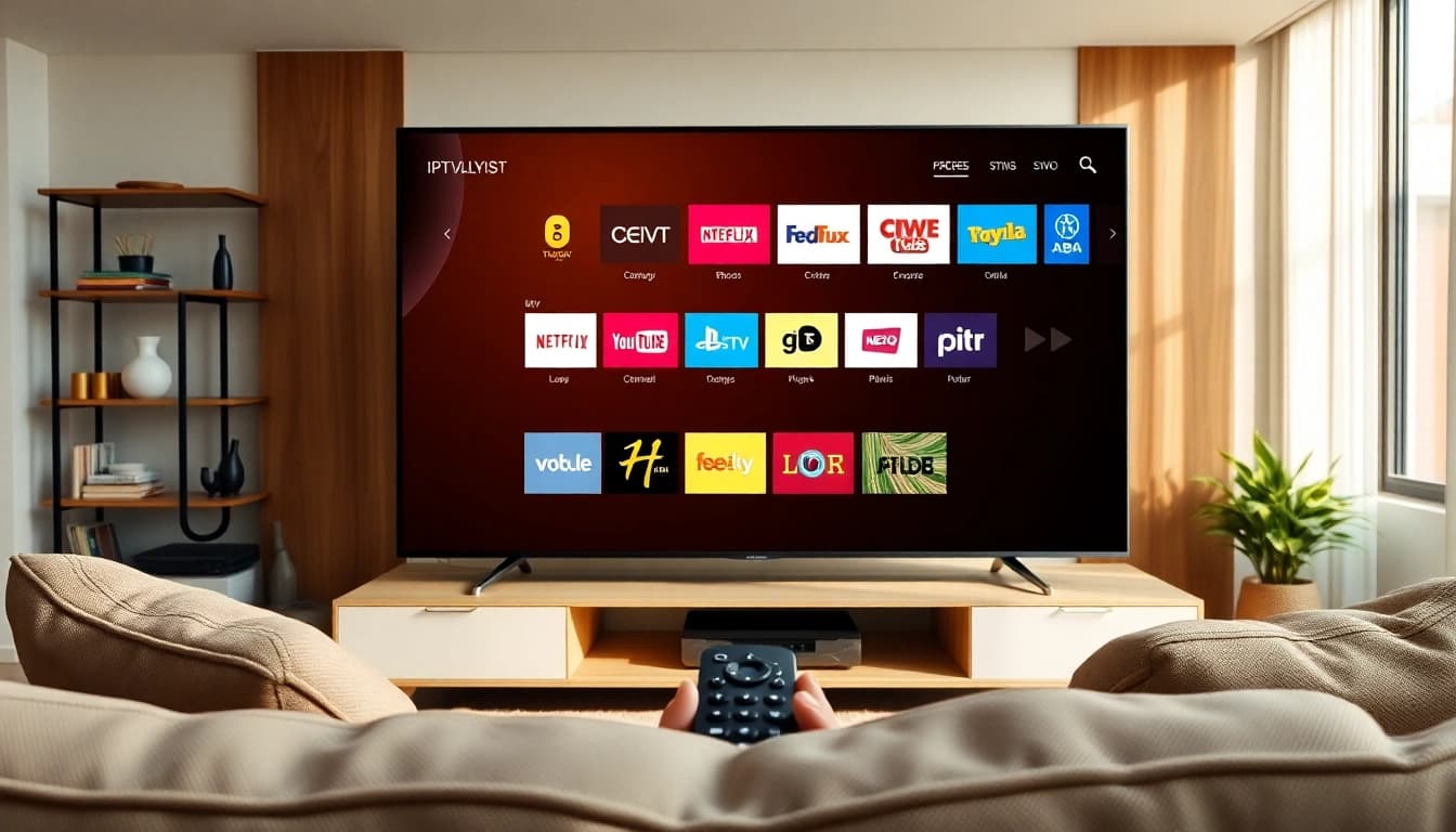 View a free popular IPTV playlist displayed on a modern smart TV in a stylish living room.