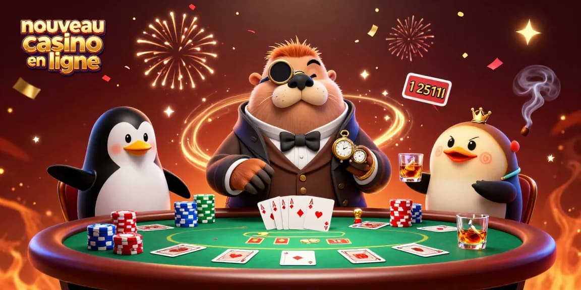 Jouez au nouveau casino en ligne avec une ambiance festive autour d'une partie de poker animée.