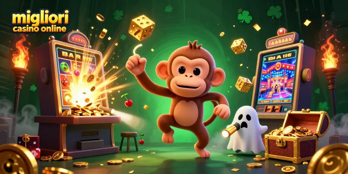 Scopri i migliori casino online con l'illustrazione 3D di un curioso scienziato e un misterioso monkey poltergeist.