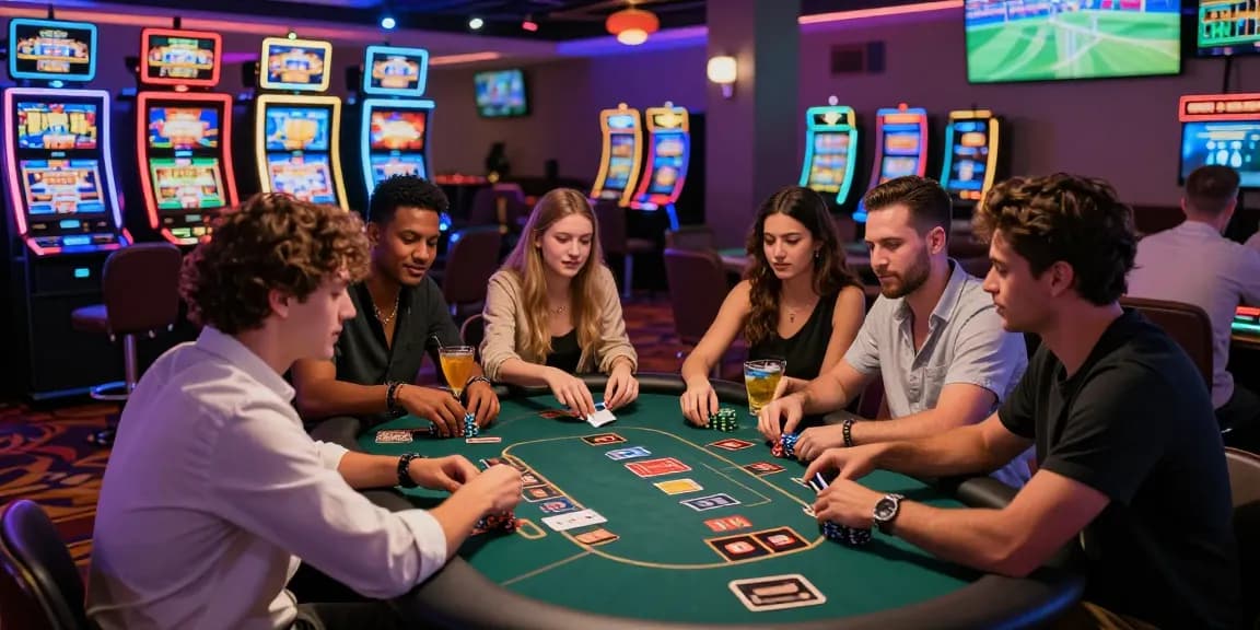 Group of friends enjoying gaming at casinos that accept credit cards with vibrant neon lights.