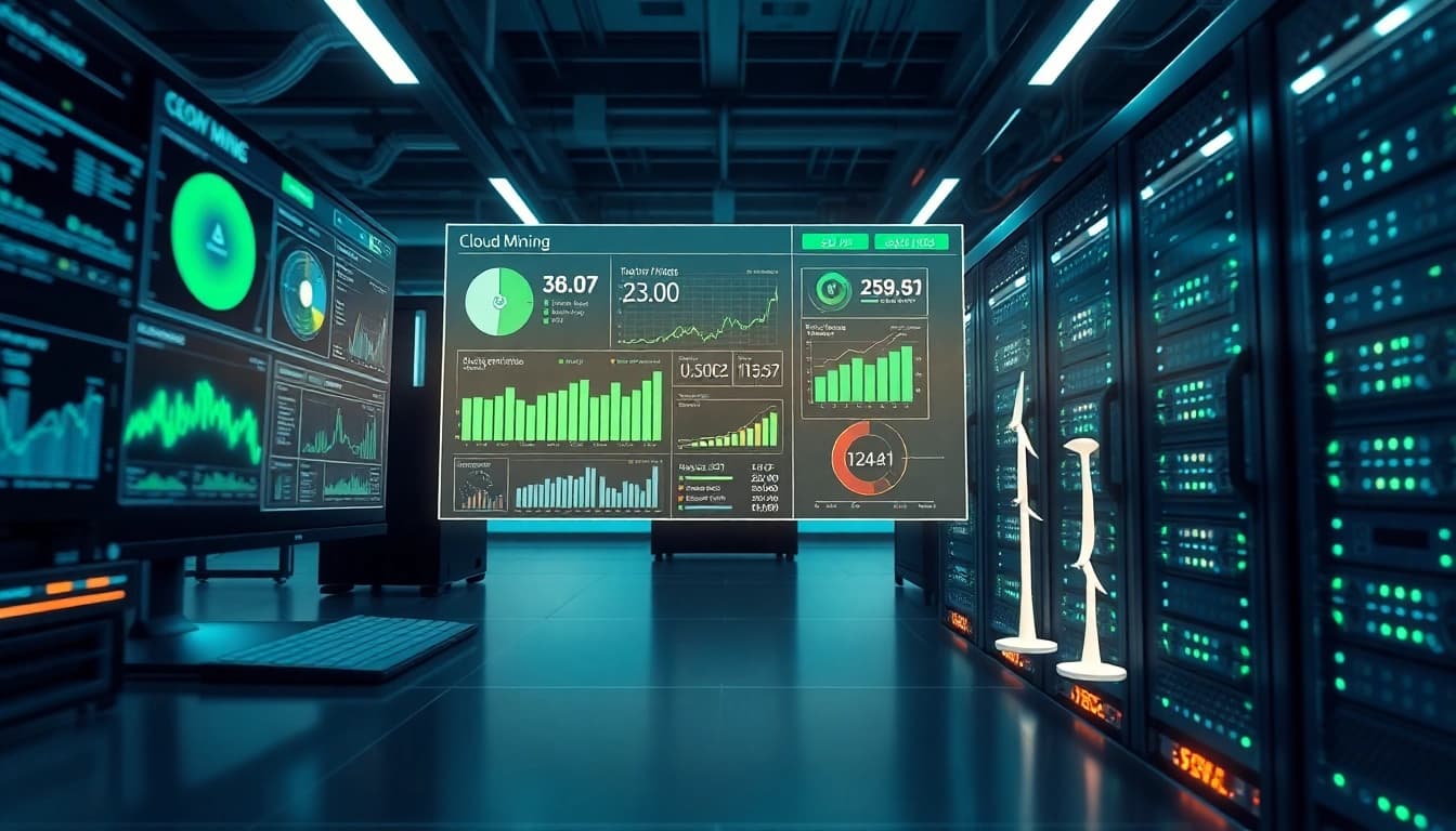 Visualizing cluod mining in a modern, high-tech environment with sustainable energy symbols.