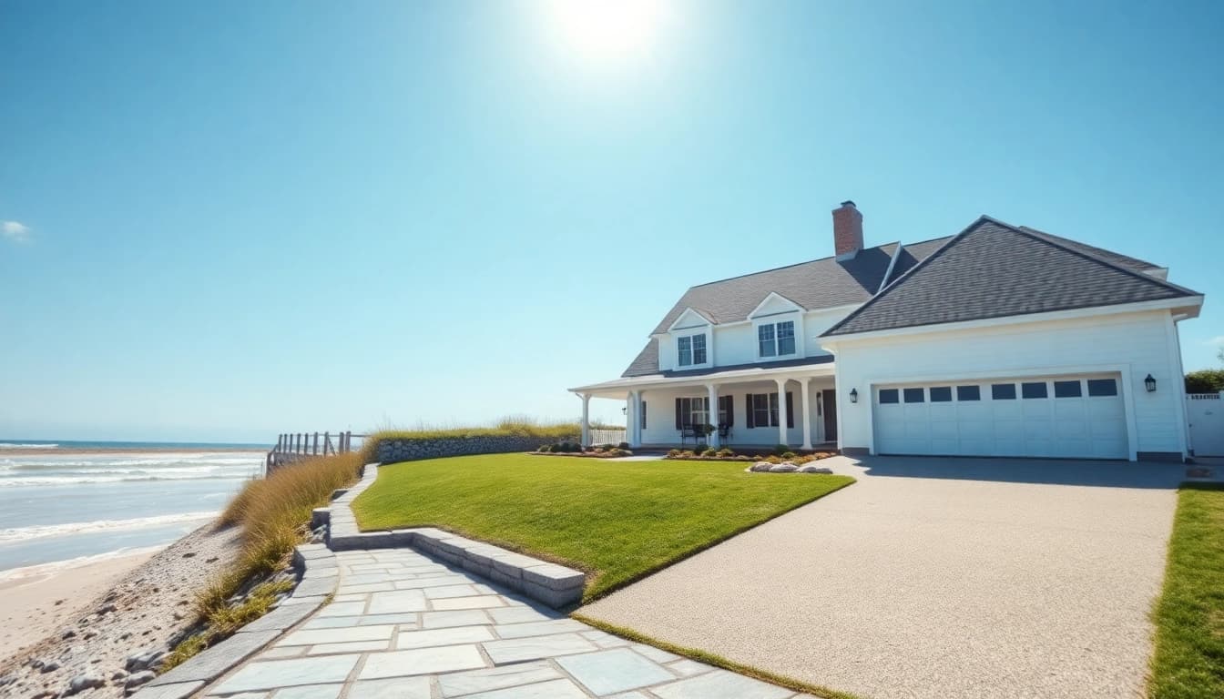 cape cod home with an attached garage surrounded by a coastal landscape and clear blue skies