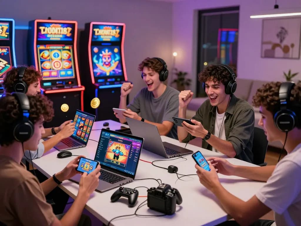Pemain menikmati slot online laoban188 dalam lingkungan permainan yang cerah dengan smartphone dan laptop.