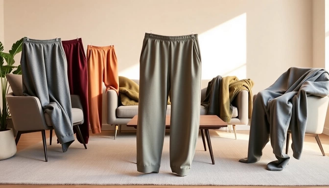 Model wearing comfortable oversized sweatpants while lounging in a stylish setting.