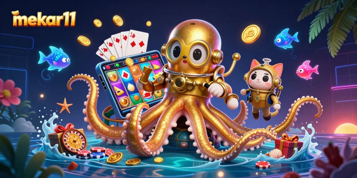 Experience MEKAR11's exciting world with a kraken and diving cat amidst vibrant slot game action.