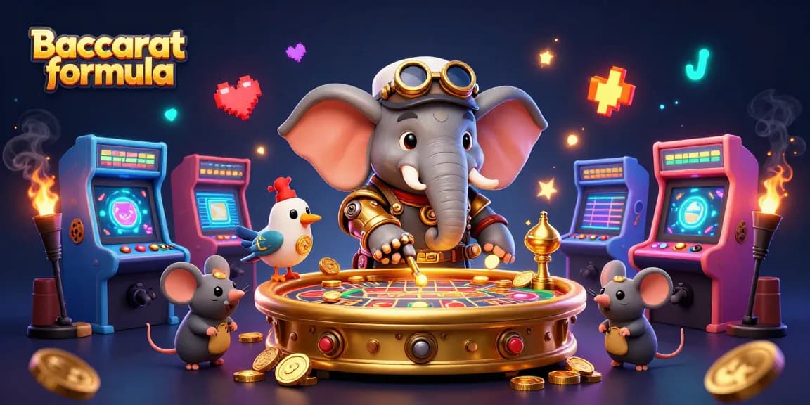 Engage with the Baccarat formula through an active casino illustration showcasing a steampunk elephant and vibrant game elements.